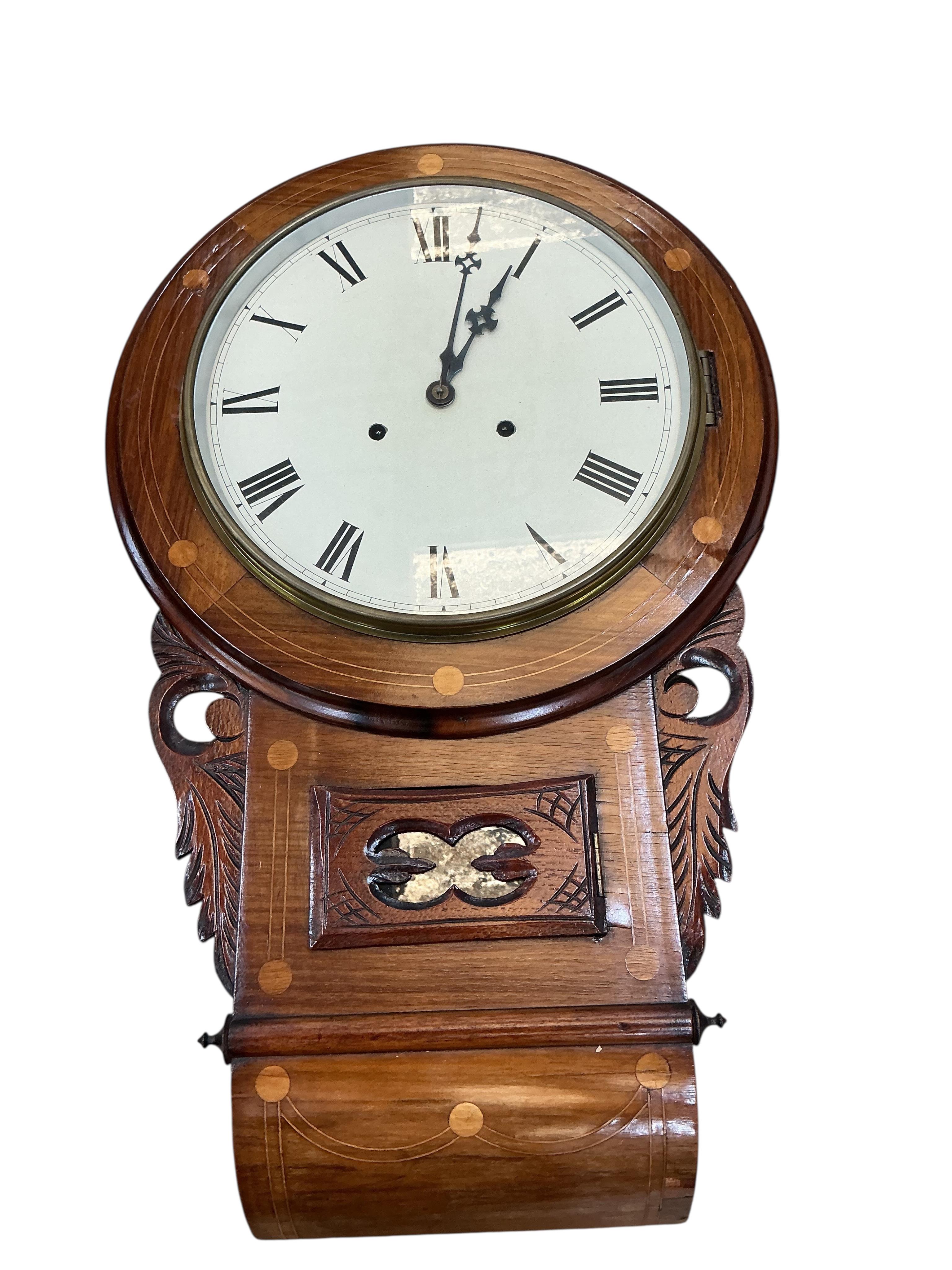 A Victorian inlaid rosewood drop dial wall timepiece, height 68cm